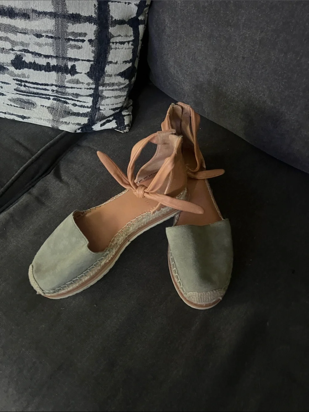 Vince Camino  Olive Suede Espadrille Sandals with Tan Ankle Wrap